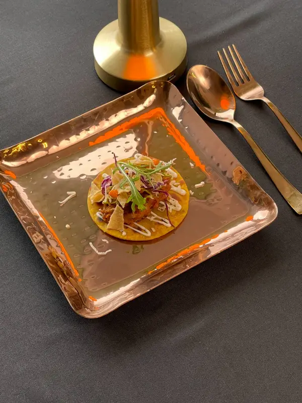A small plate, served on a copper tray. Tajnuma, Agra.