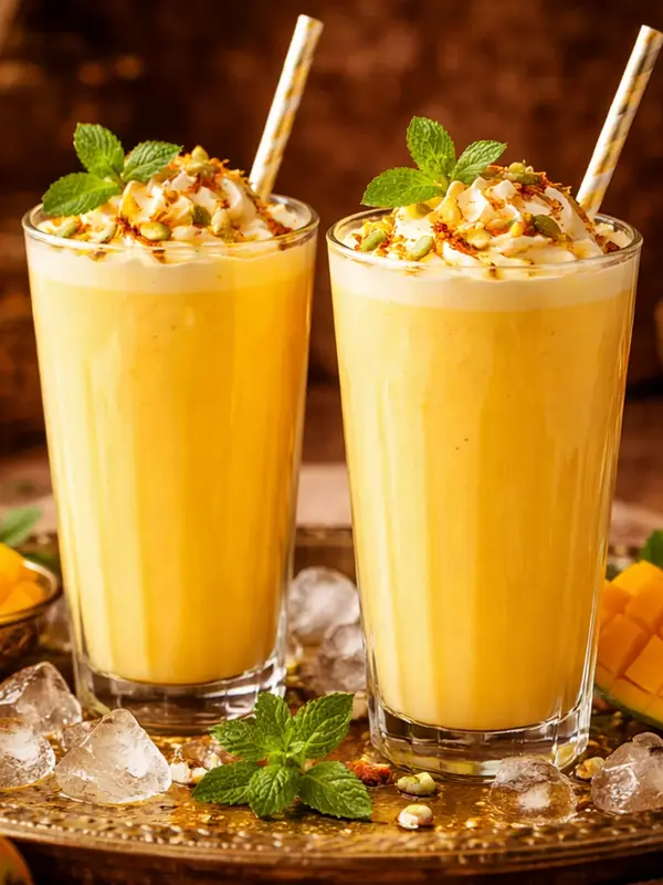 Chilled mango lassi, poured tall. Tajnuma, Agra.